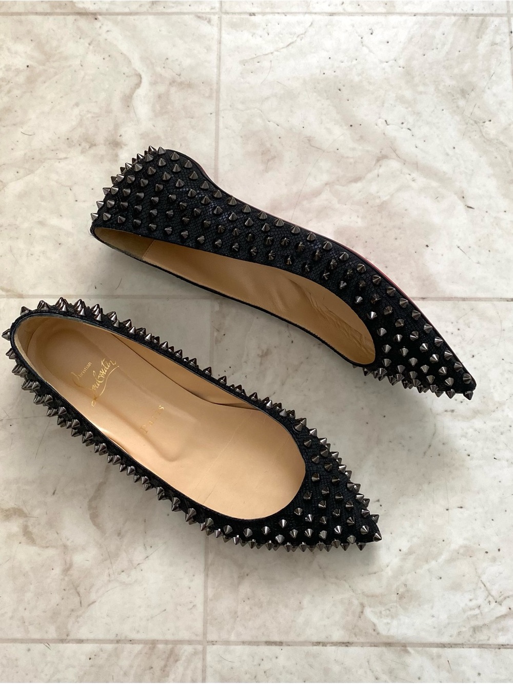Christian Louboutin Black Studded Pointed Toe Flats